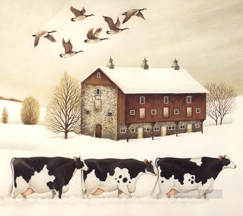 vaches et canards colverts en hiver Peintures à l'huile